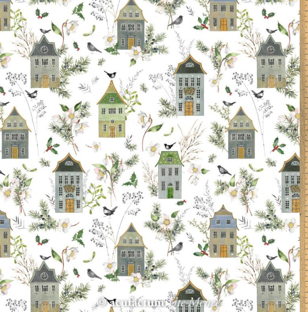 Acufactum Baumwollstoff „Häuser und Wintergrün“