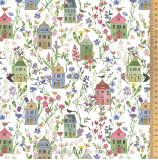 Acufactum Baumwollstoff „Häuser und Blüten“